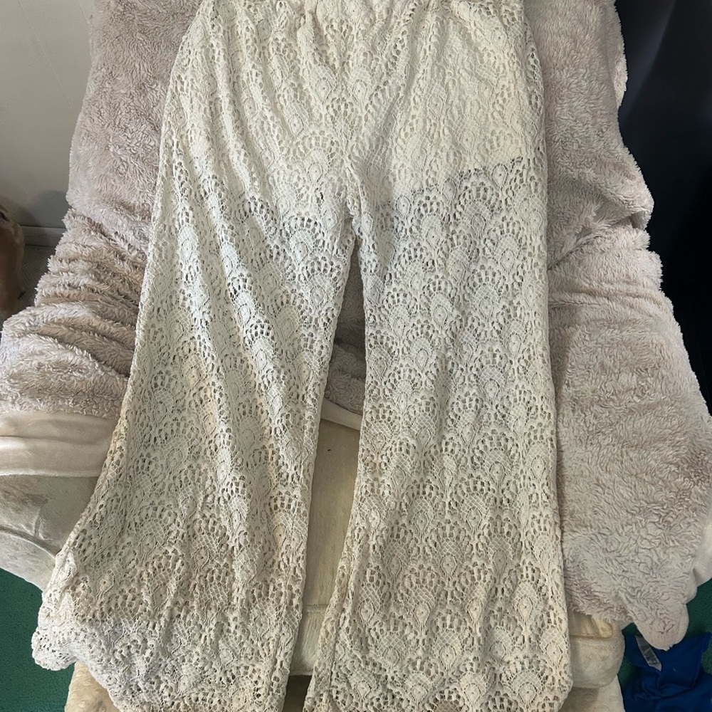 Cream Lace Wide-Leg Pants